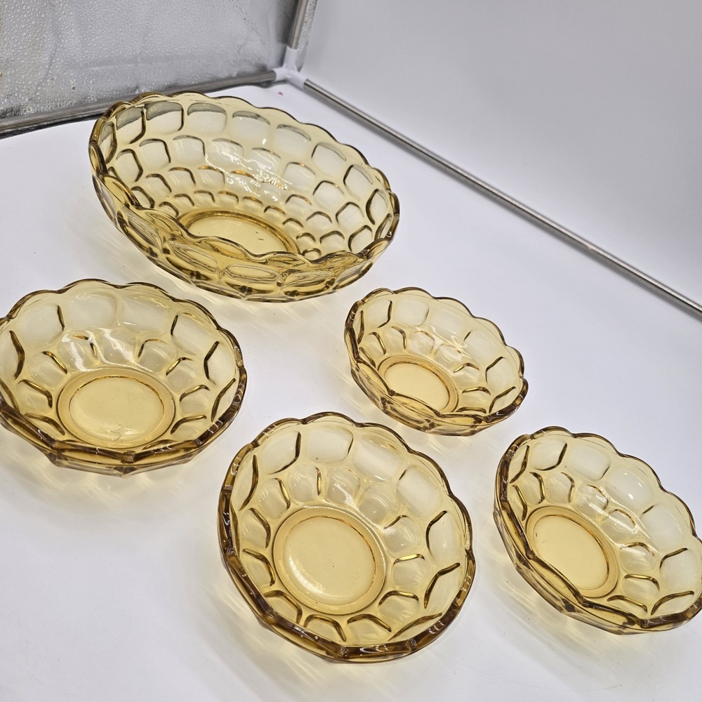 Vintage Thumbprint Set of 5 Amber Pressed Glass Scalloped 1 Large Bowl 4 Small